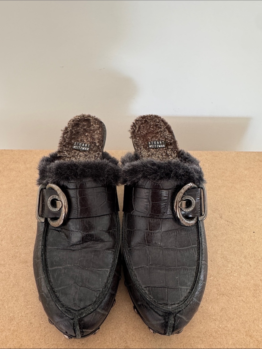 Stuart Weitzman Women’s Black Faux-Fur Croc-Embossed Mule